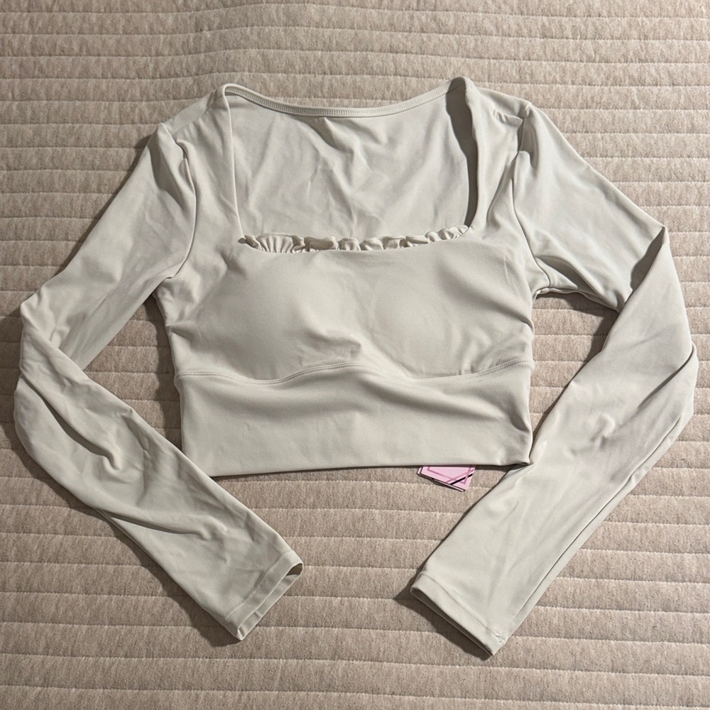 Square Neck Long Sleeve Crop Top in Off-White